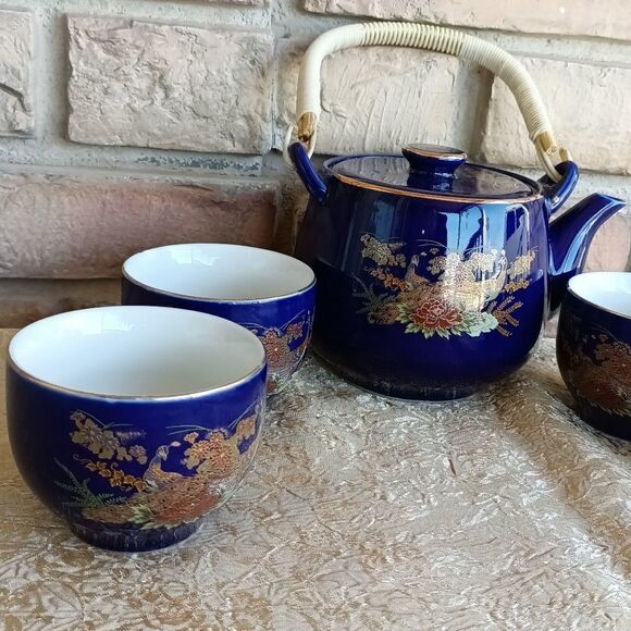 Vintage Cobalt blue kettle w 4 cups Japan - Picture 3 of 13
